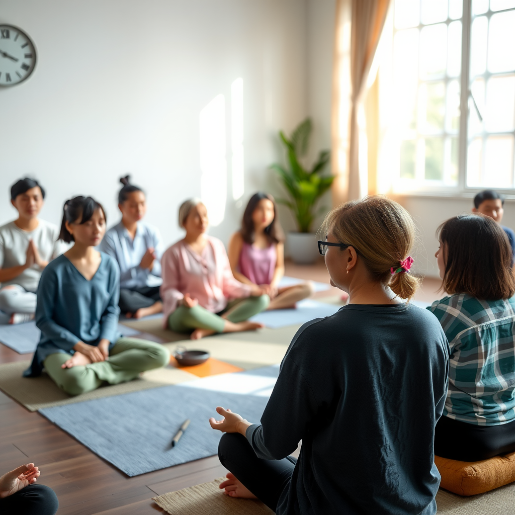 Peaceful meditation session at Vo Vi Friendship Association showing diverse group of practitioners sitting in serene environment with natural lighting, practicing Vo Vi meditation techniques together in harmonious atmosphere