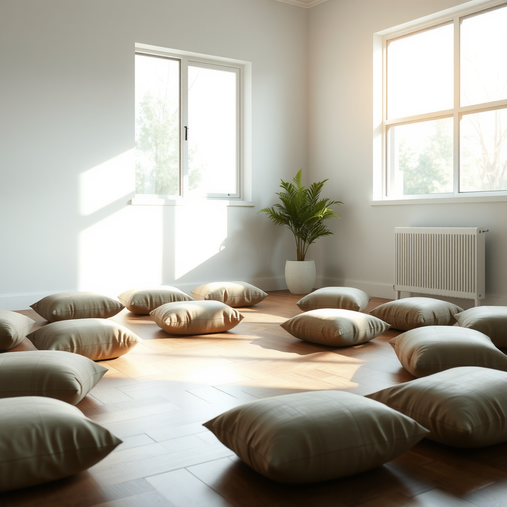 Serene meditation space with soft natural lighting, cushions arranged in a peaceful circle, gentle morning sunlight streaming through windows, creating a tranquil atmosphere for daily spiritual practice and inner peace cultivation