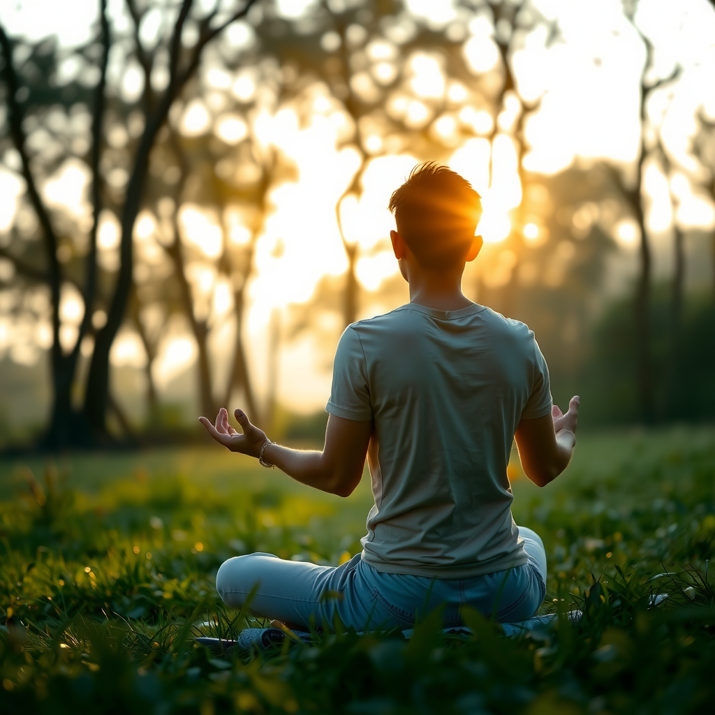 Person sitting in meditation pose in a peaceful natural setting during sunrise, surrounded by soft morning light filtering through trees, creating a serene and tranquil atmosphere