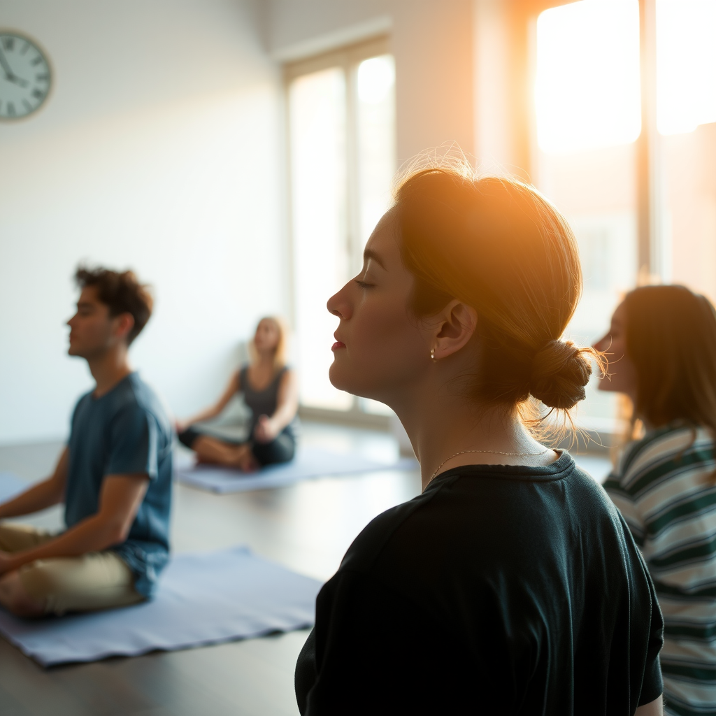 Serene meditation practice showing individuals in peaceful contemplation, warm natural lighting, spiritual atmosphere with calming colors