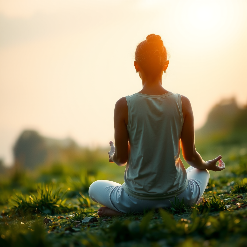 Serene meditation scene showing a person in peaceful contemplation, sitting cross-legged in a tranquil natural setting with soft golden morning light filtering through, symbolizing inner peace and daily spiritual practice