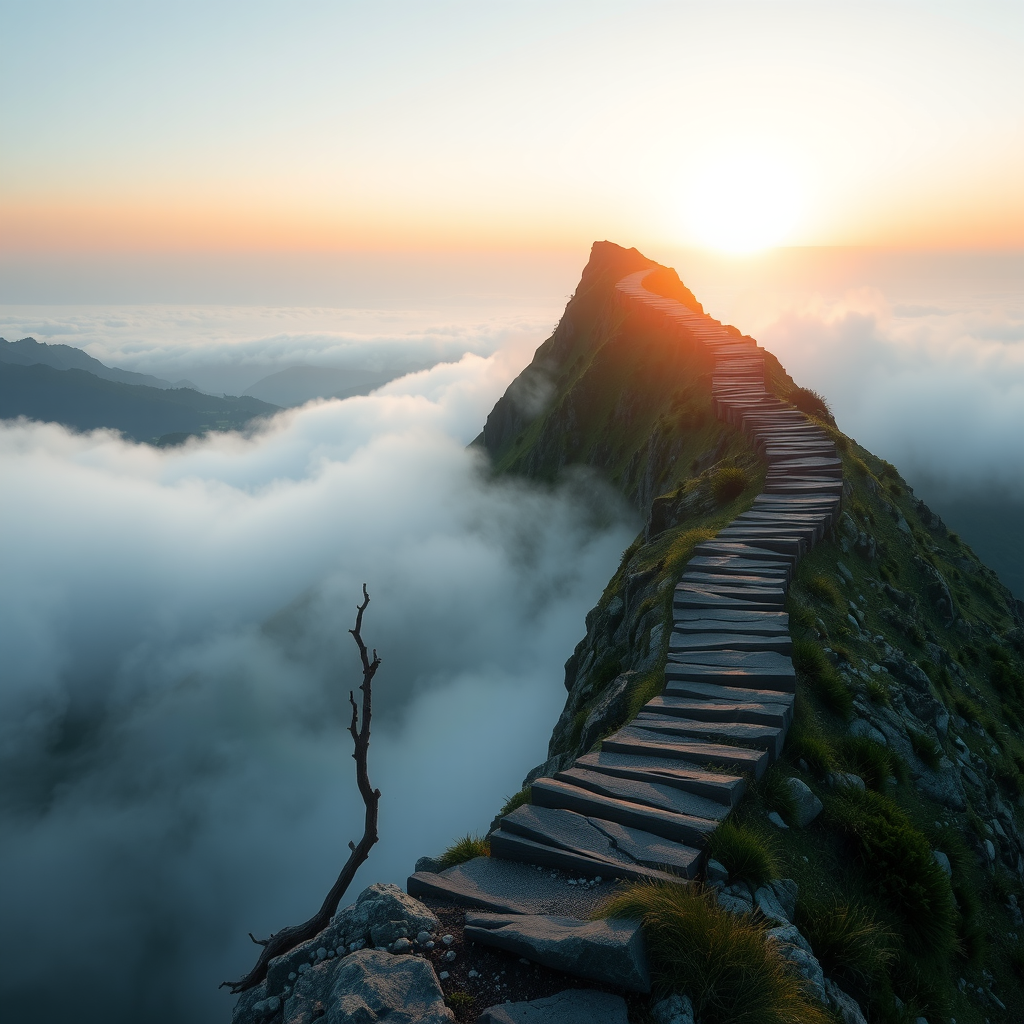 Winding mountain path ascending through morning mist toward a bright horizon, symbolizing the challenging but rewarding journey of spiritual growth and the development of resilience through persistent practice
