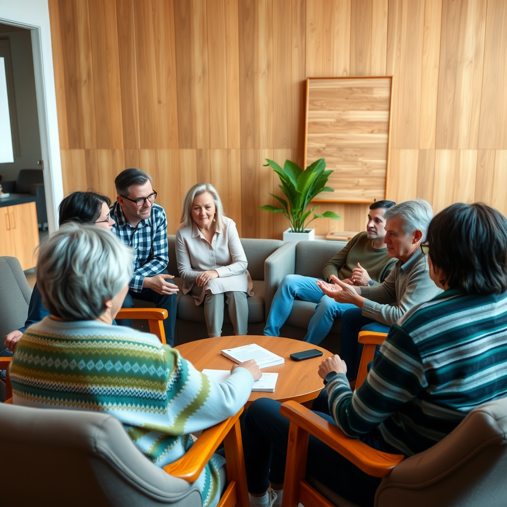 Small group discussion circle with people of various ages sharing and listening attentively in a warm comfortable room with natural wood elements