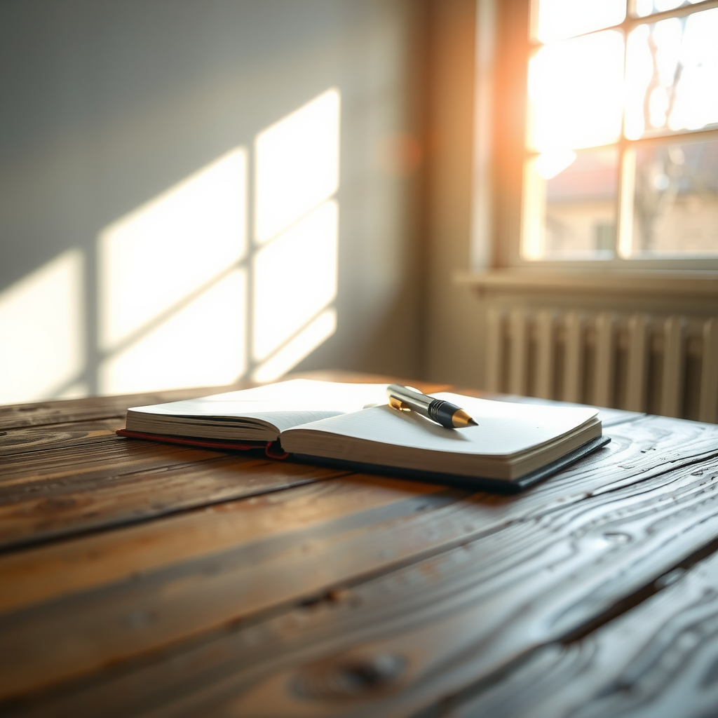 Journal and pen on wooden table with morning sunlight streaming through window creating peaceful writing space, representing reflective practice and mindfulness