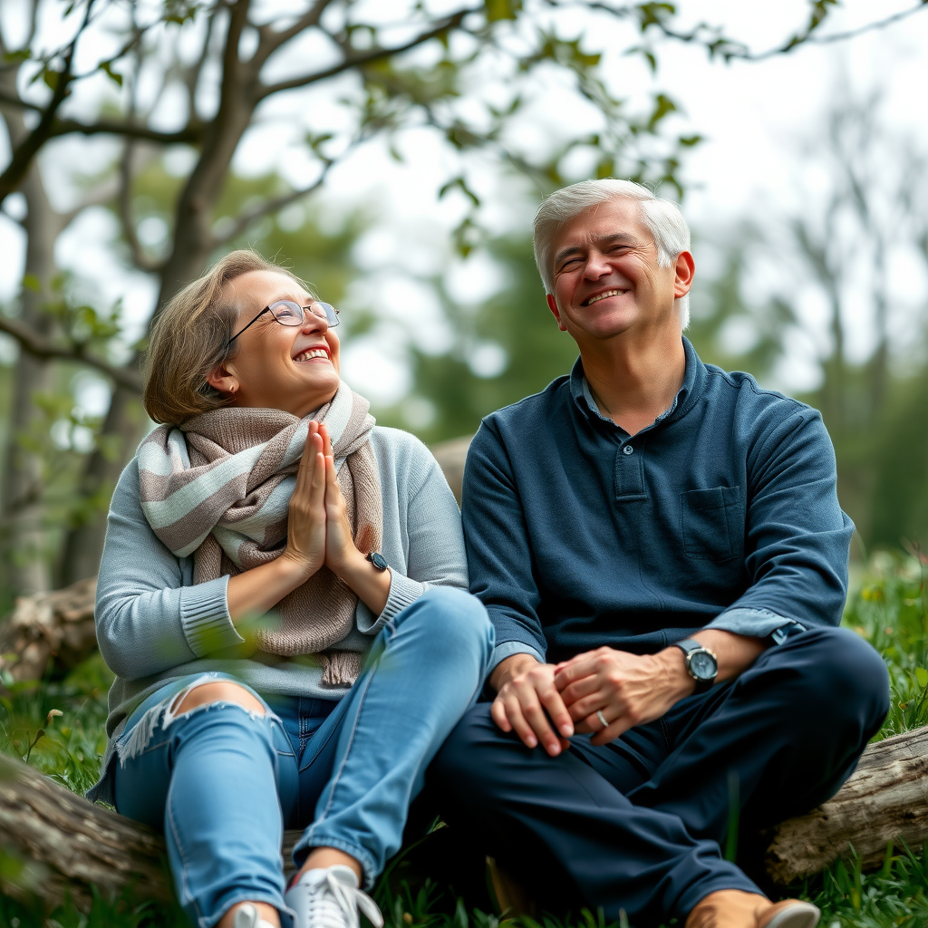 Two people sitting together in peaceful conversation surrounded by nature, demonstrating compassionate connection and spiritual friendship