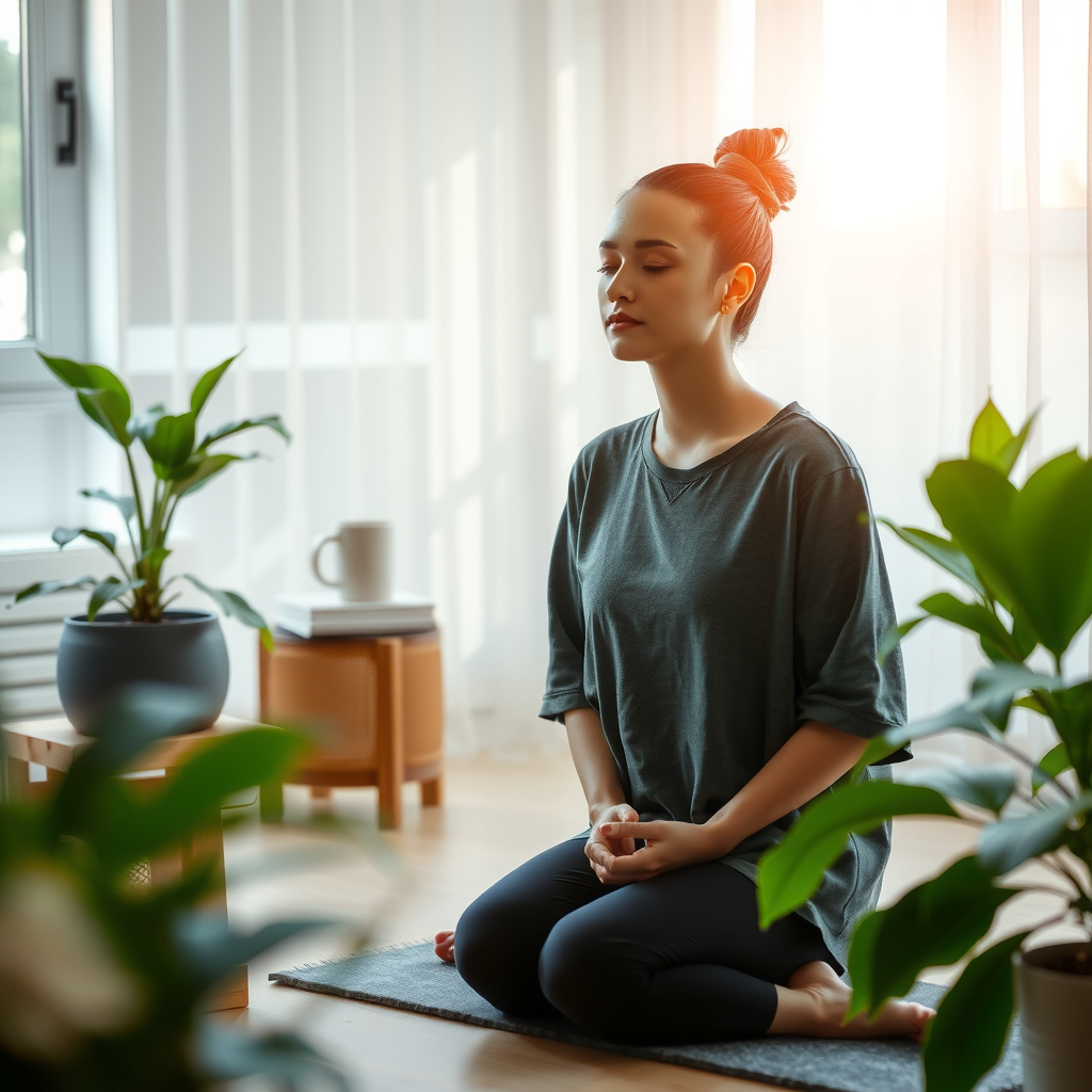 Peaceful scene showing Vo Vi practitioner integrating meditation into daily life, sitting in home meditation space with natural elements, plants, and soft morning light creating tranquil atmosphere