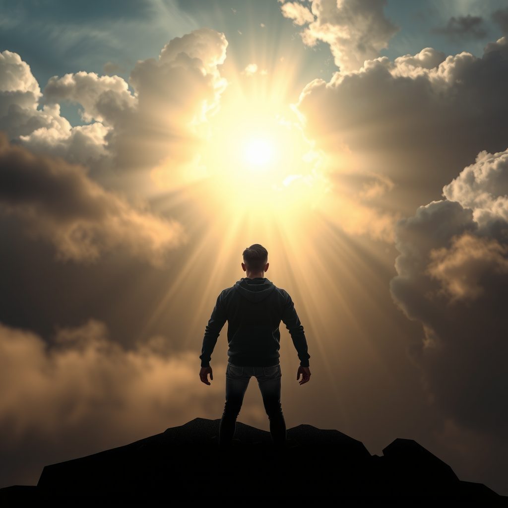 Powerful image of a person standing with strength and determination, facing challenging weather that gradually clears into bright sky, representing emotional resilience, overcoming obstacles, and personal growth through spiritual practice