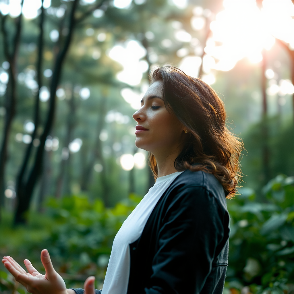 Calm person practicing breathing exercises in nature, surrounded by peaceful forest scenery, demonstrating stress management techniques and spiritual centeredness amidst life's pressures and challenges
