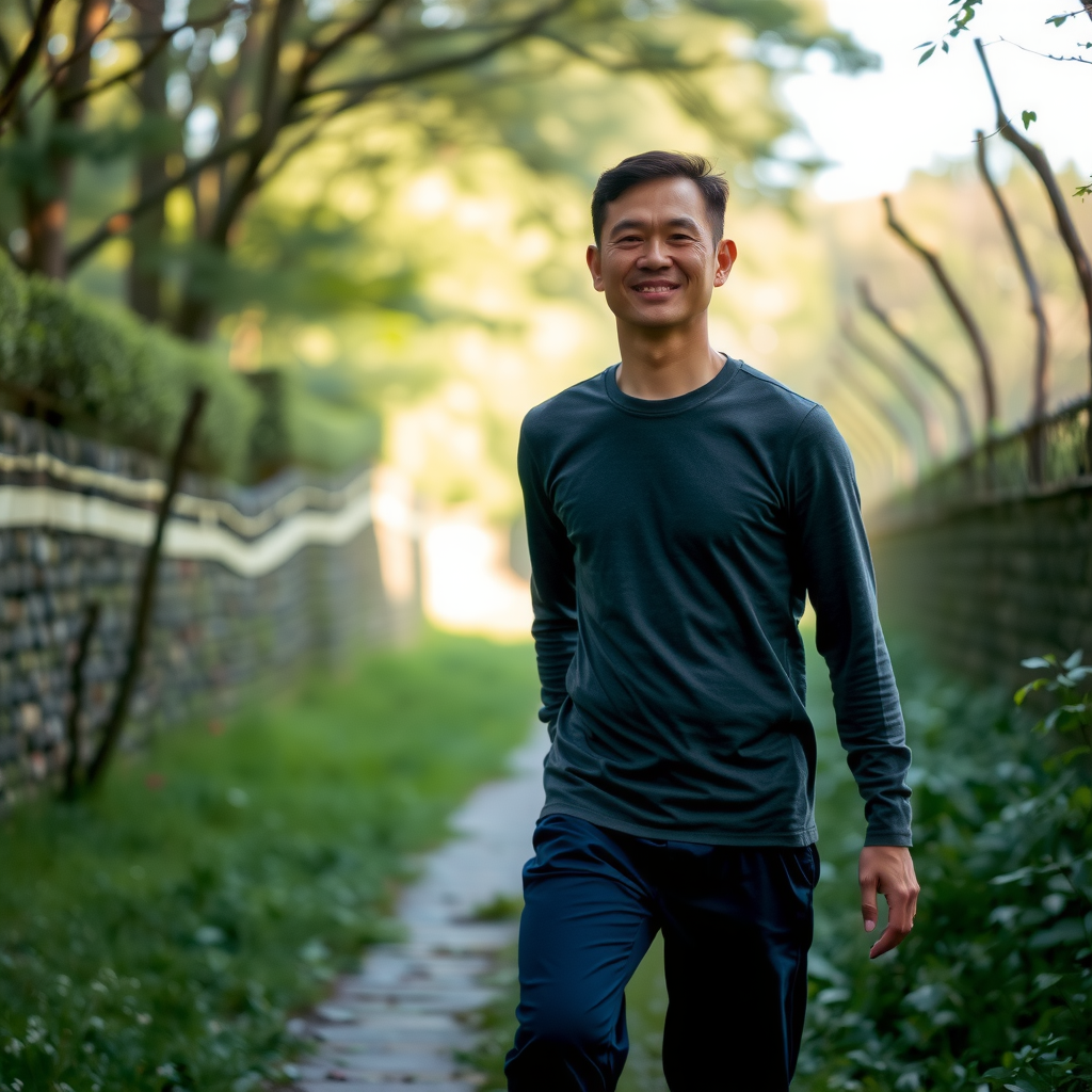 Person walking mindfully through a peaceful natural path, fully present and aware, with focused expression showing deep connection to the present moment and natural surroundings