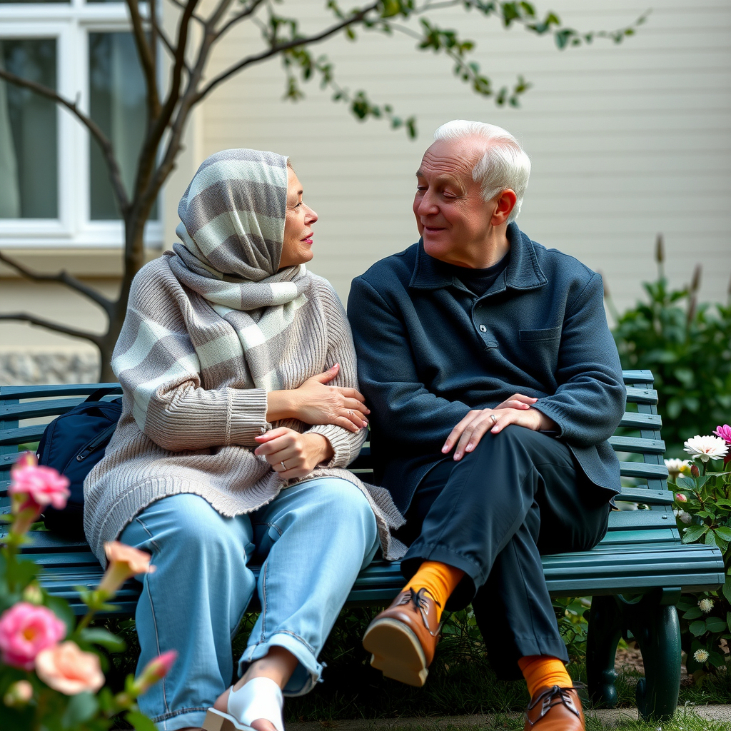 Two people sitting on a bench in conversation one offering comfort to the other in a serene garden setting with flowering plants