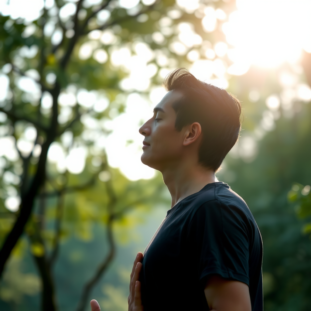 Person practicing breathing exercises outdoors in serene natural setting with trees and soft light, demonstrating mindful breathing techniques
