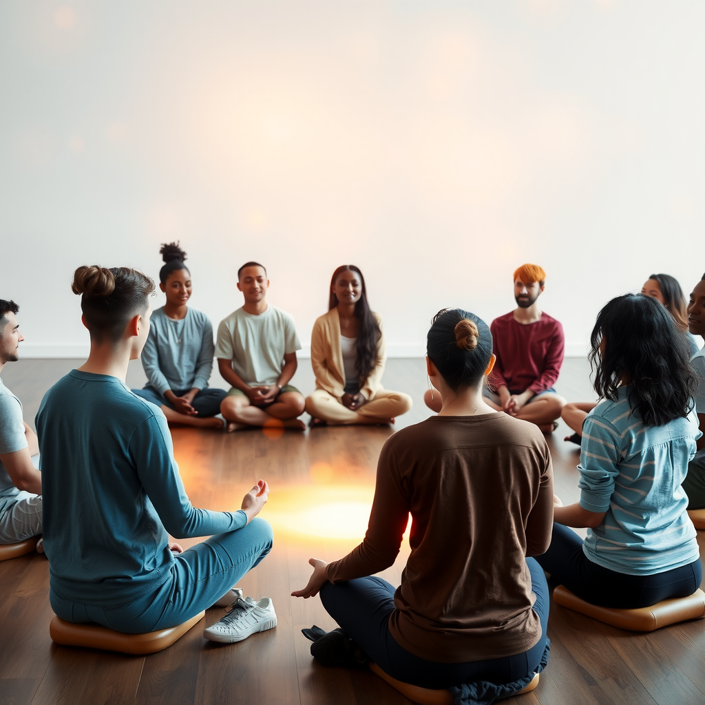 Harmonious group meditation scene showing diverse individuals sitting in a circle, connected by visible warm golden energy, representing community support, collective spiritual practice, and the power of practicing together in friendship and unity