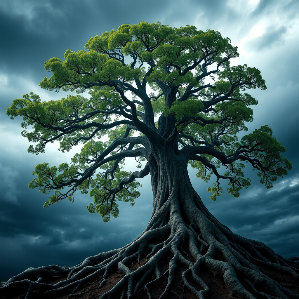 Majestic tree with deep, strong roots standing firm during a storm, symbolizing resilience, inner strength, and the power of being grounded in spiritual practice