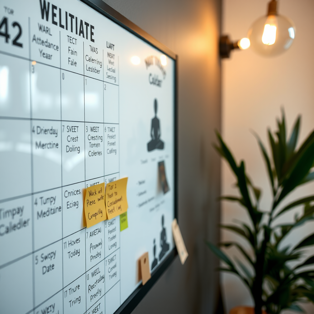 Calendar or schedule board showing regular meditation sessions with attendance marks and encouraging notes from community members