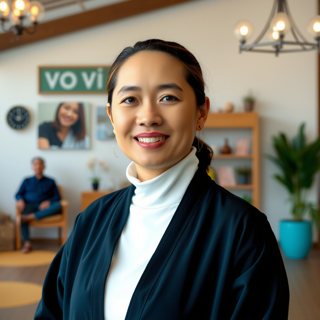 Portrait of Vo Vi program director with warm smile, professional appearance in meditation attire, photographed in welcoming community center setting