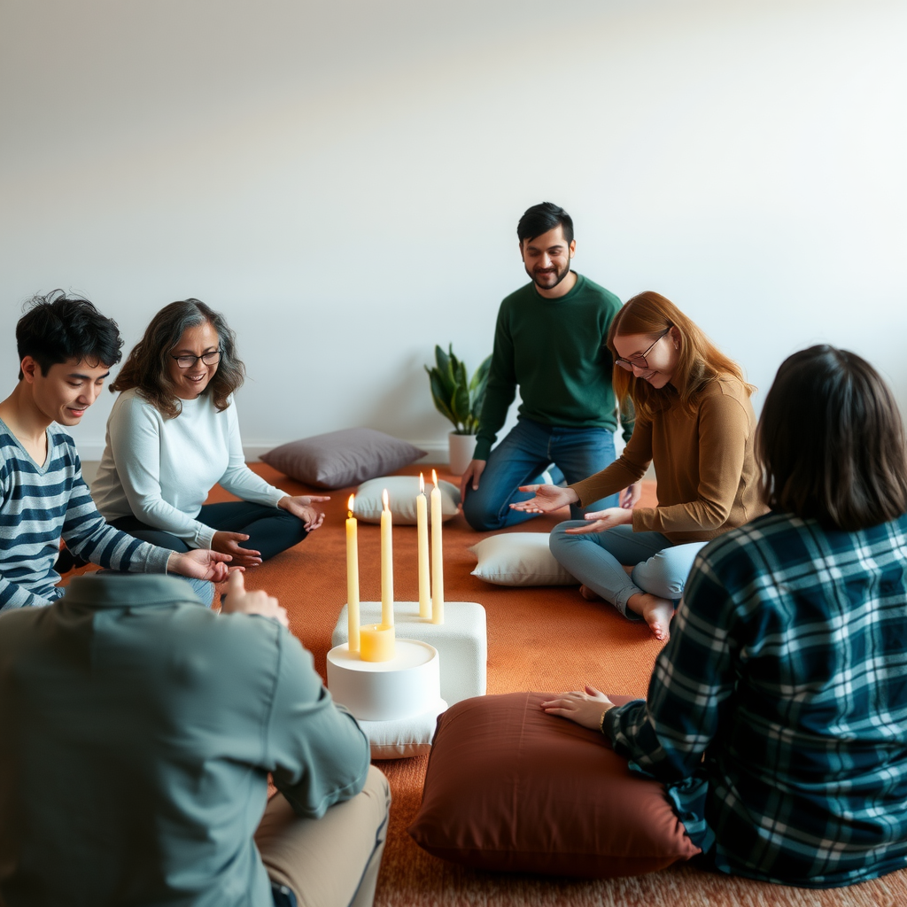 Community members working together setting up meditation space arranging cushions lighting candles with expressions of joy and cooperation