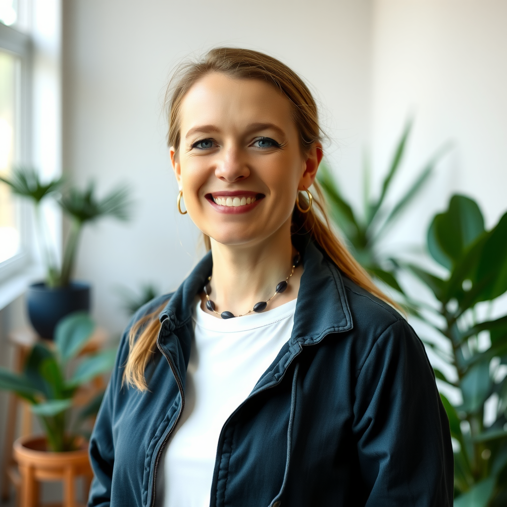 Portrait of friendly community coordinator with approachable demeanor, wearing casual meditation clothing, photographed in bright community space with plants