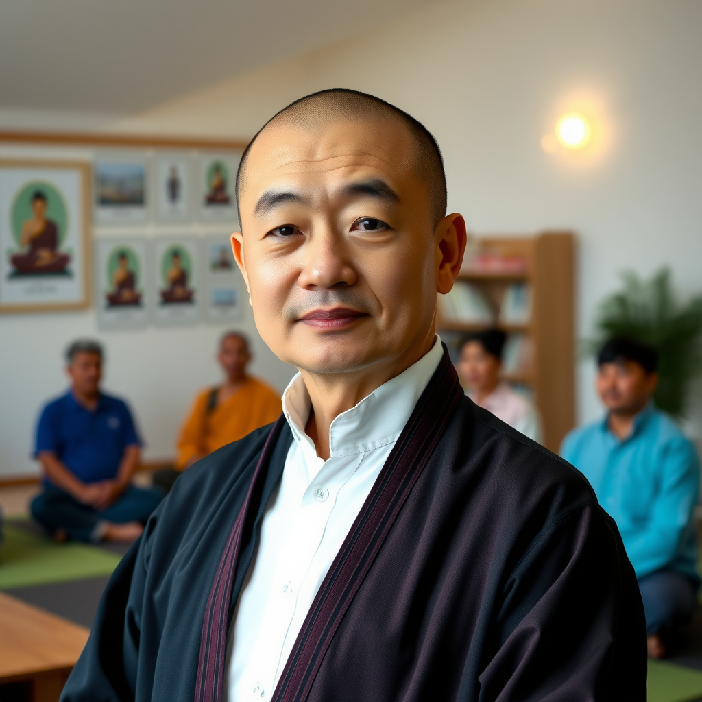 Portrait of knowledgeable education coordinator with thoughtful expression, wearing traditional meditation attire, photographed in peaceful teaching environment