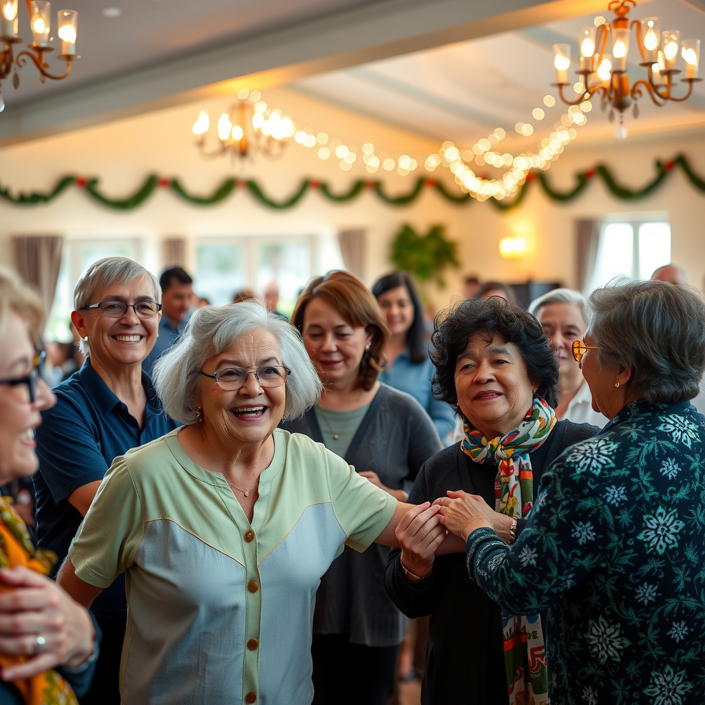 Joyful community gathering at Vo Vi Friendship Association showing diverse group of members celebrating together, smiling and connecting in decorated community hall with warm lighting and festive atmosphere